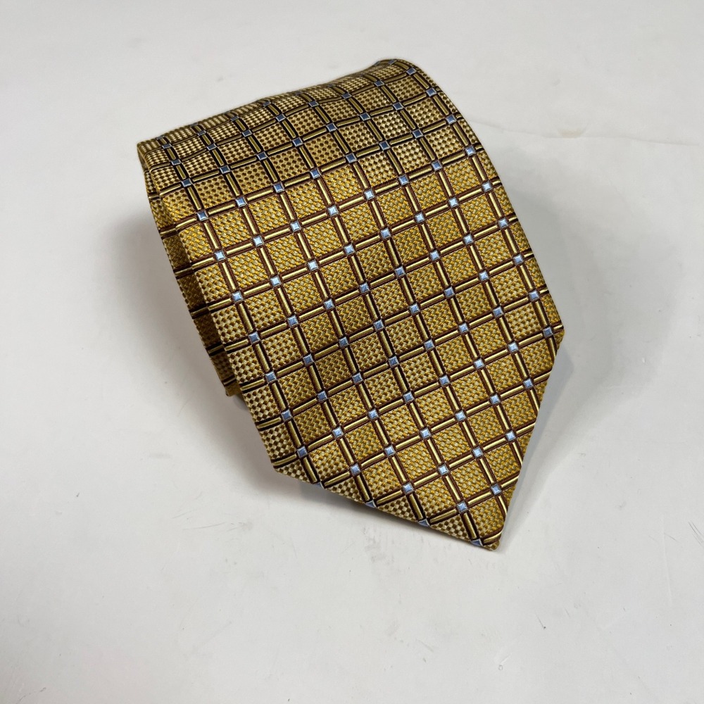 Henry‎ Jacobson Men's Tie 100% Silk Gold Blue Grid Hand Made Luxury Necktie